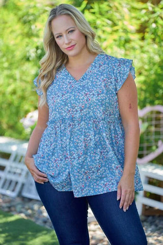Blue Flowy Cap Sleeve Blouse with Floral Print (Includes Plus!)