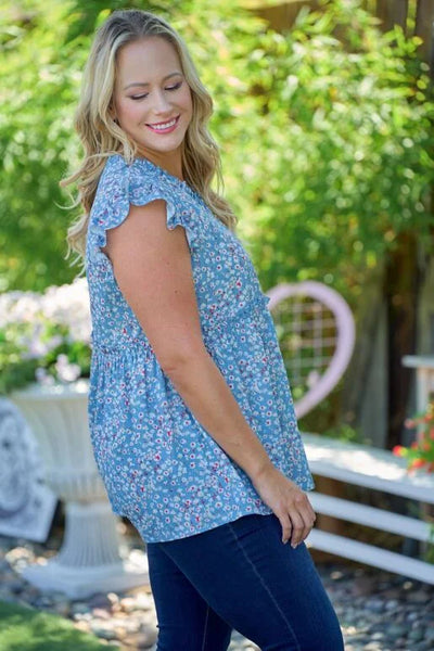Blue Flowy Cap Sleeve Blouse with Floral Print (Includes Plus!)