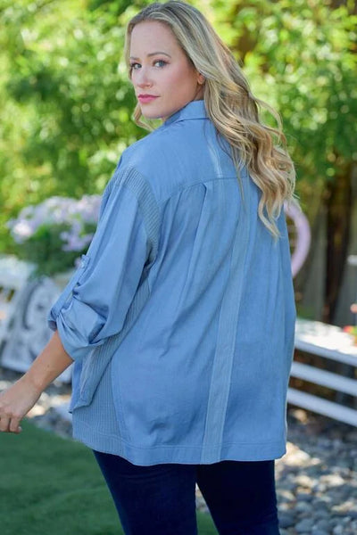 Denim Blue Knit and Woven Mixed Button Down Top (Plus Exclusive!)