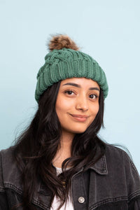 Pine Cable Knit Beanie With Faux Fur Pom