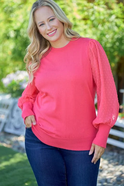Coral Knit Top with Woven Semi Sheer Swiss Dot Long Sleeve  (Includes Plus!)