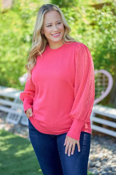 Coral Knit Top with Woven Semi Sheer Swiss Dot Long Sleeve  (Includes Plus!)