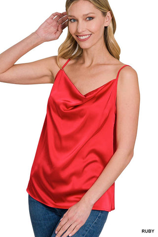Ruby Red Satin Charmeuse Cowl Neck Cami