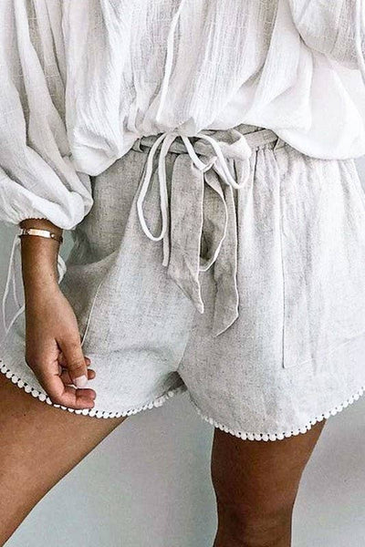 Grey Elastic Waist Pompom Hem Linen Shorts