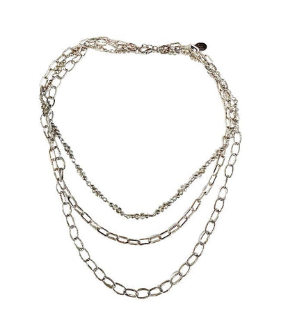 Silver Three Layer Chain and Beads Necklace