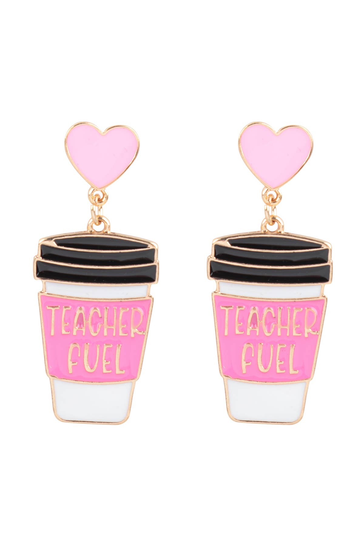 Pink "Teacher Fuel" Heart and Coffee Post Earrings