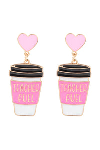 Pink "Teacher Fuel" Heart and Coffee Post Earrings