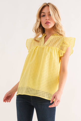 Yellow Sheer and Gridded Baby Doll Ruffled Top (Includes Plus!)