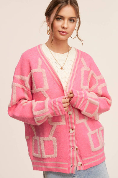 Flamingo Pink Loose Fit Drop Shoulder Knit Cardigan