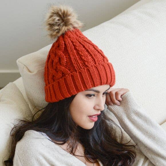 Rust Cable Knit Beanie With Faux Fur Pom