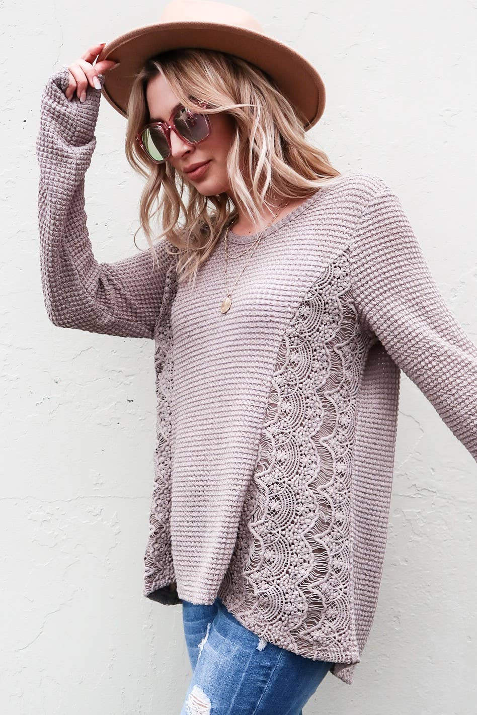 Taupe Waffle Side Lace Detailed Top (Includes Plus!)