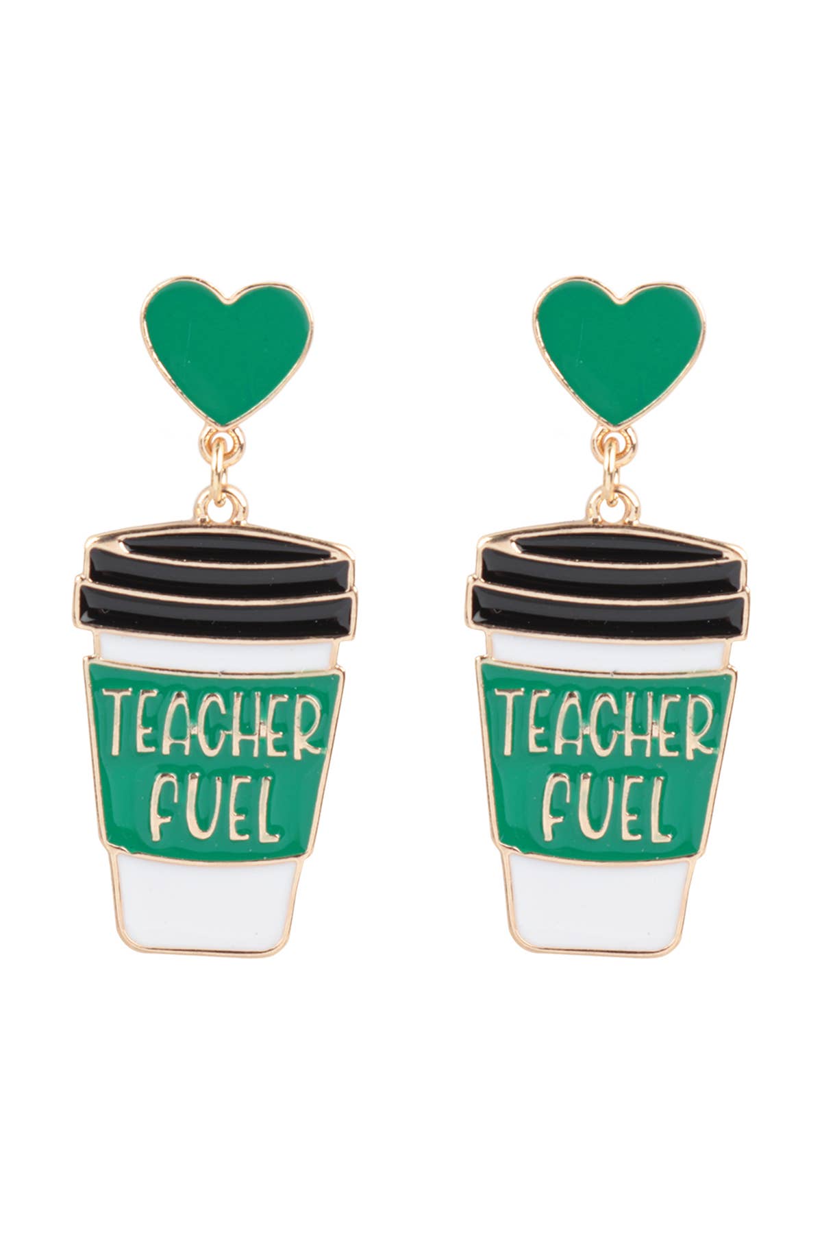 Green "Teacher Fuel" Heart and Coffee Post Earrings