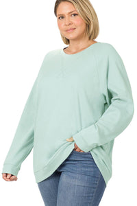Light Green Long Sleeve Cotton Round Neck Lightweight Sweatshirt (Plus Size Exclusive!)
