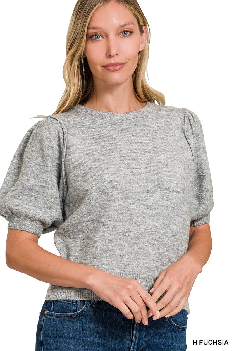Heather Grey Puff Short Sleeve Round Neck Sweater