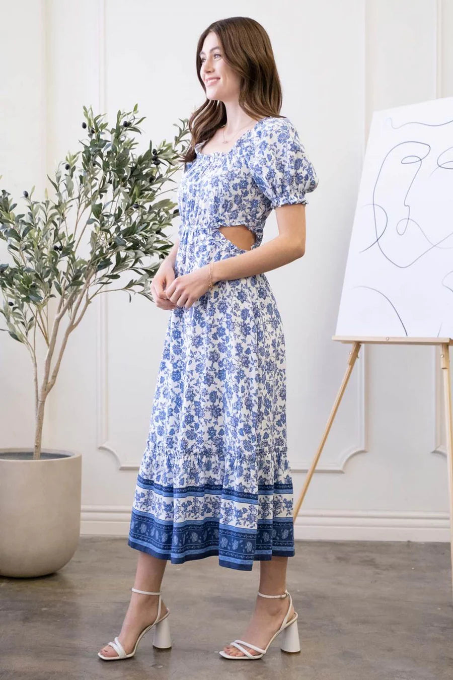 Blue and White Floral Short Sleeve Maxi Dress with Side Waist Cutout Detail