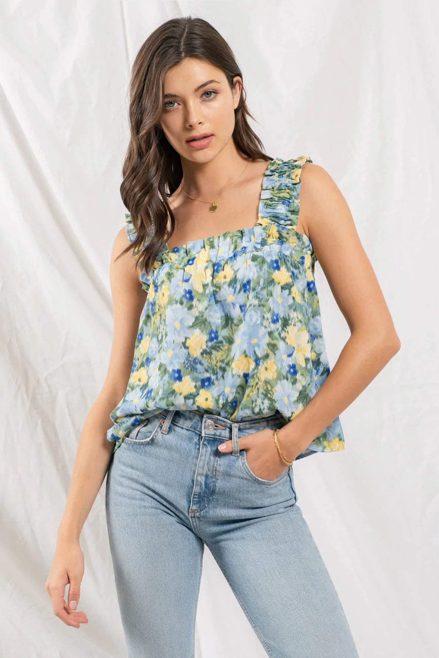 Blue and Sage Floral Ruched Straps Woven Tank Top