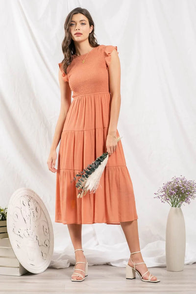 Dusty Apricot Smocked Top Midi Dress with Tiered Skirt (Includes Plus!)