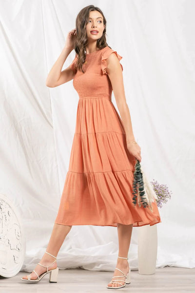 Dusty Apricot Smocked Top Midi Dress with Tiered Skirt (Includes Plus!)