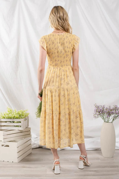 Light Yellow Floral Smocked Top Midi Dress with Tiered Skirt (Includes Plus!)
