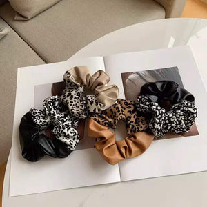 Leopard and Faux Leather Scrunchies (4 Colors Available)