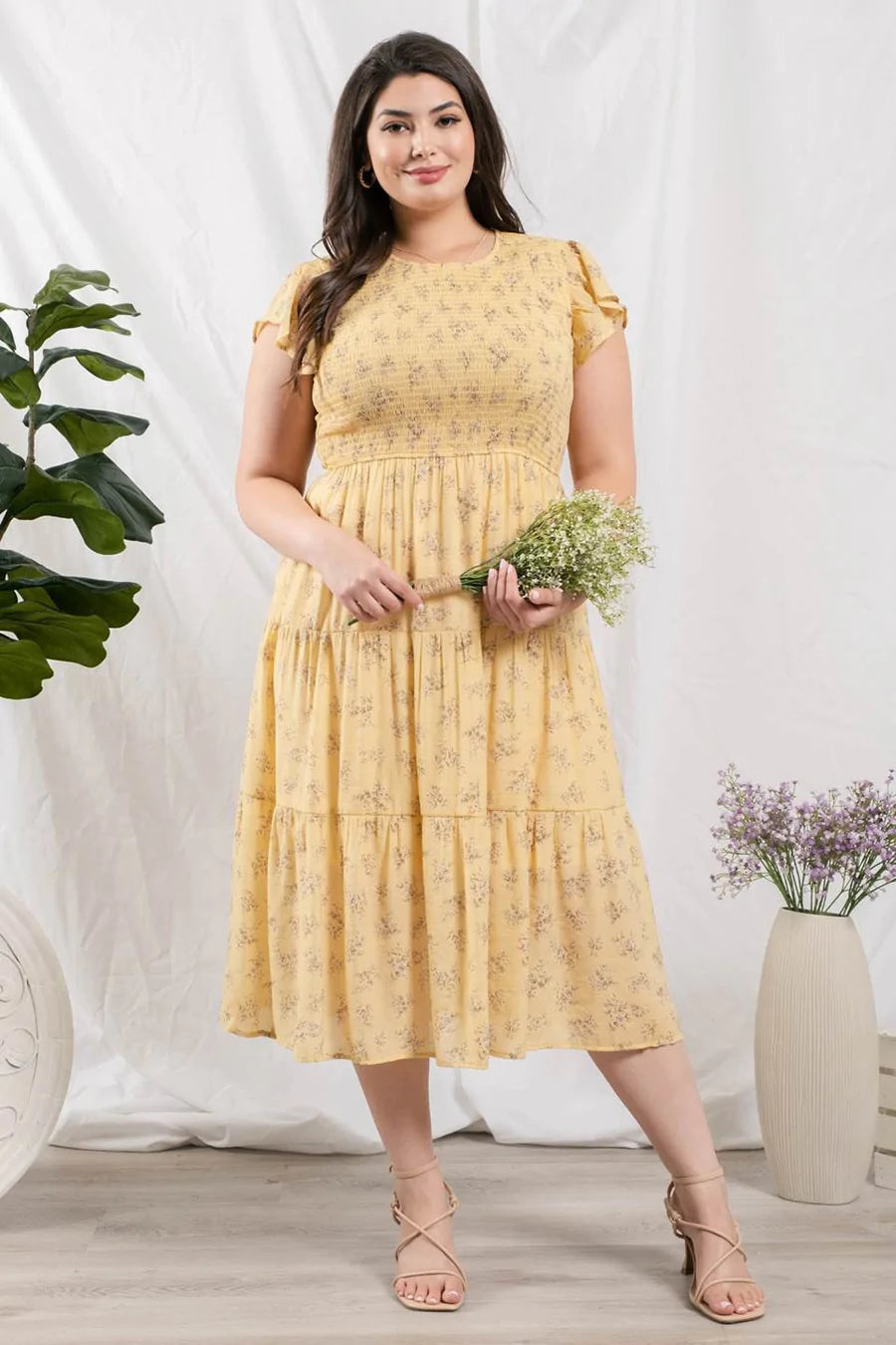 Light Yellow Floral Smocked Top Midi Dress with Tiered Skirt (Includes Plus!)