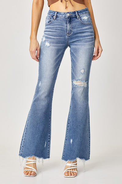 Mid-Rise Medium Wash Flare Jeans with Distressing (Includes Plus!)
