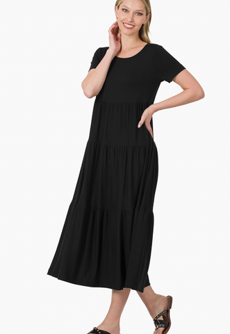 Black Short Sleeve Tiered Midi Dress (Includes Plus!)