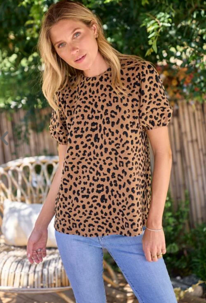 Leopard Print Textured Knit Top with Bubble Sleeve (Includes Plus!)