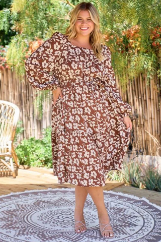 Brown and Cream Floral Print Midi Dress (Includes Plus!)