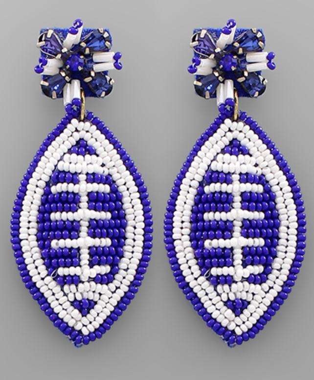 Blue and White Beaded Football Earrings