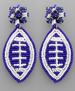 Blue and White Beaded Football Earrings