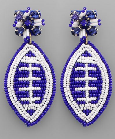 Blue and White Beaded Football Earrings