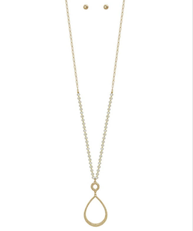 Teardrop Pendant Necklace with Glass Beads and Gold Stud Earrings Set