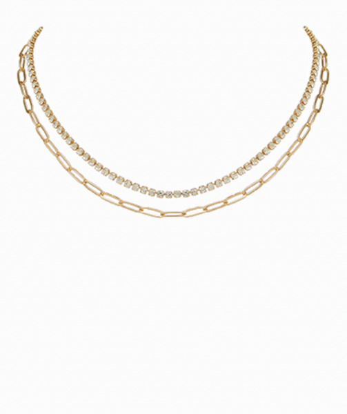Pave Crystal and Gold Paperclip Link Necklace