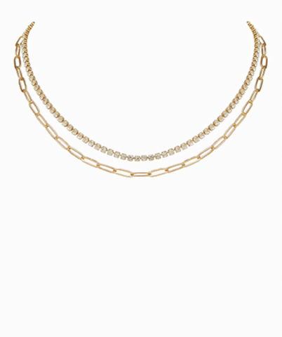 Pave Crystal and Gold Paperclip Link Necklace