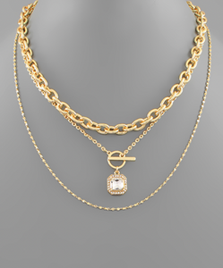 Gold Multi Layered Chain Necklace with Square Crystal