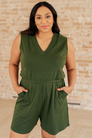 Sleeveless V-Neck Romper in Army Green (ONLINE EXCLUSIVE!)