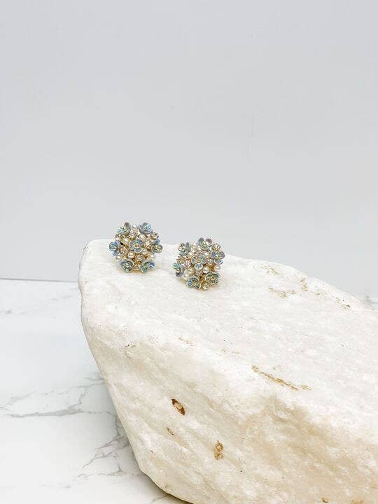 Blue Flower & Pearl Cluster Post Earrings