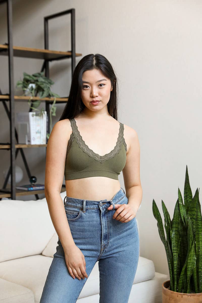 Olive Green Lace Trim Padded Bralette