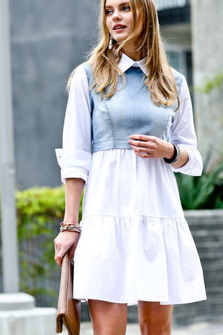 White Cotton Long Sleeve Collared Dress with Denim Contrast
