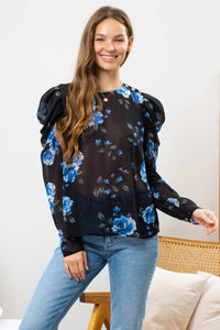 Black Sheer Blue Floral Blouse with Ruching