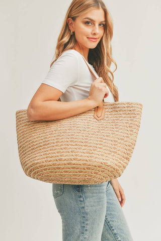 Wide Striped Straw Braided Tote Bag