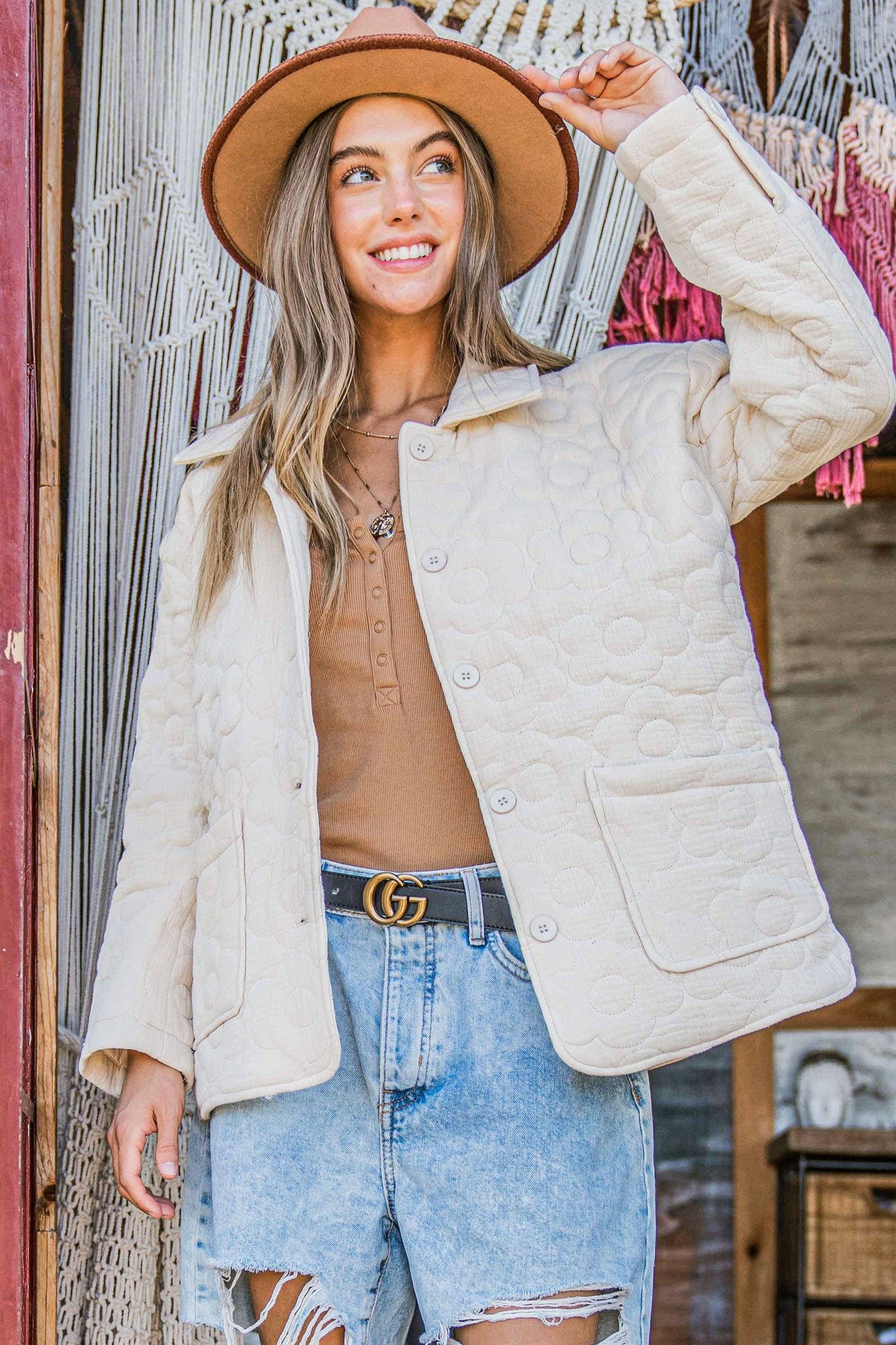 Cream Daisy Pattern Quilted Jacket