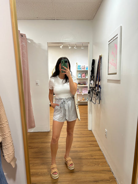 Grey Elastic Waist Pompom Hem Linen Shorts