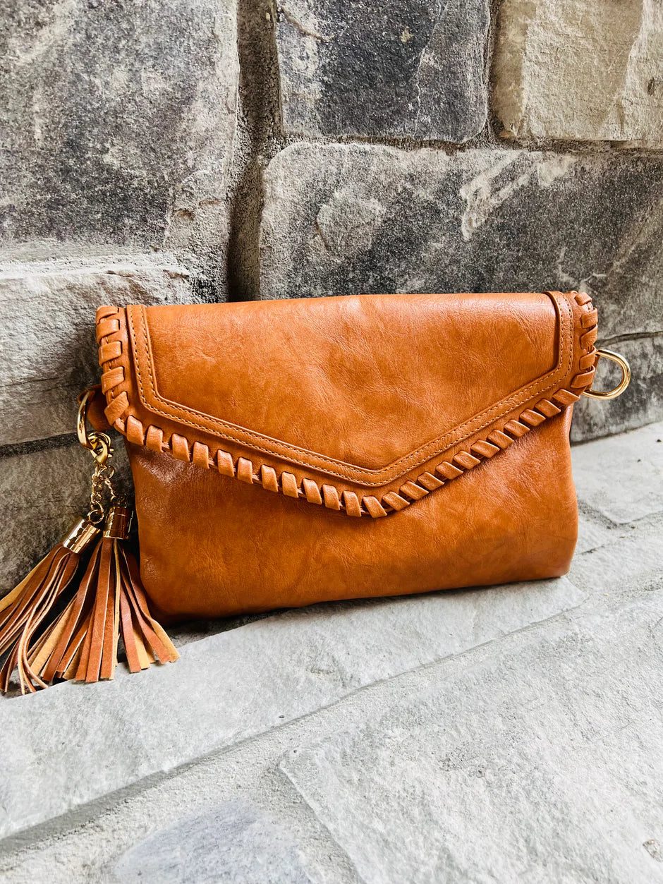 Faux Leather Crossbody Clutch with Woven Flap Detail (Available in two colors)