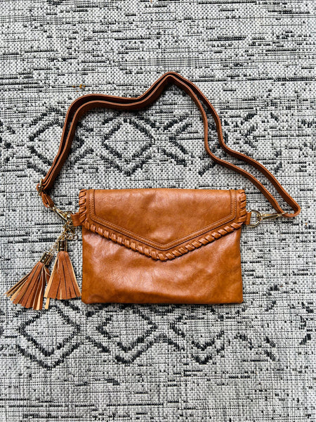 Faux Leather Crossbody Clutch with Woven Flap Detail (Available in two colors)